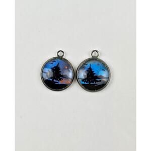 Pair Hoffman Sterling Silver Morpho Butterfly Wing Charm Pendant Trees Lake